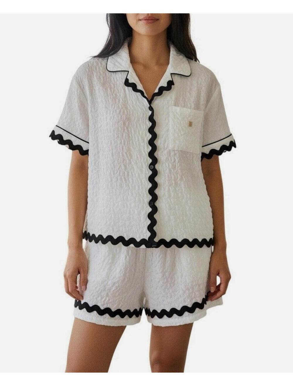 NWT Simply Southern White Textured Pajama Set with Black Wavy Trim M